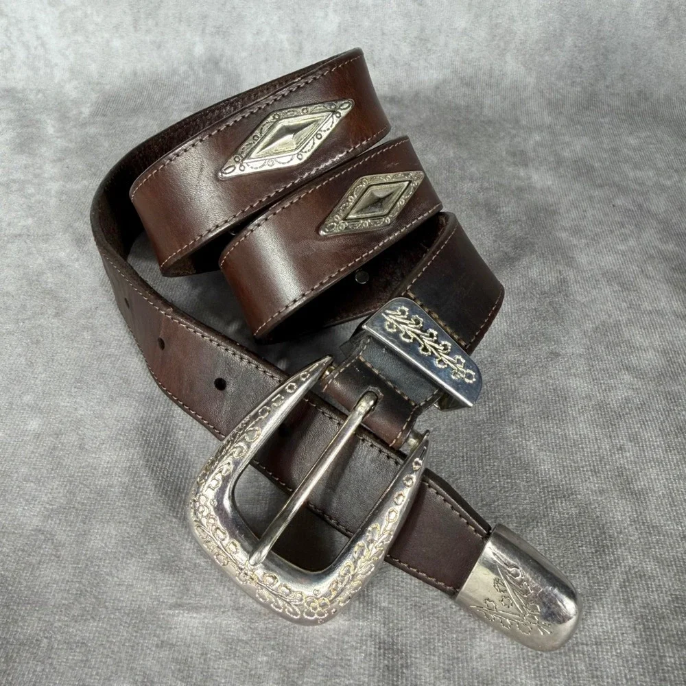 Vtg '91 Brighton Brown Leather Western Belt Silver Gold Floral Concho USA Large
